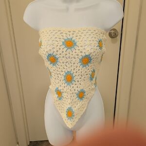 NWOT POL Crochet Strapless Top in Cream with Blue & Yellow Floral Accents